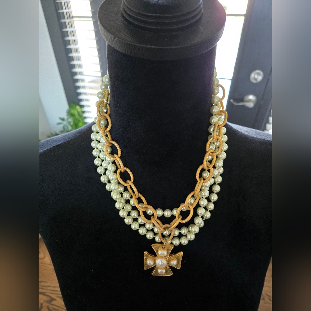 Susan Shaw cross multi-strand pearl necklace, gold accent chain adjustable chain